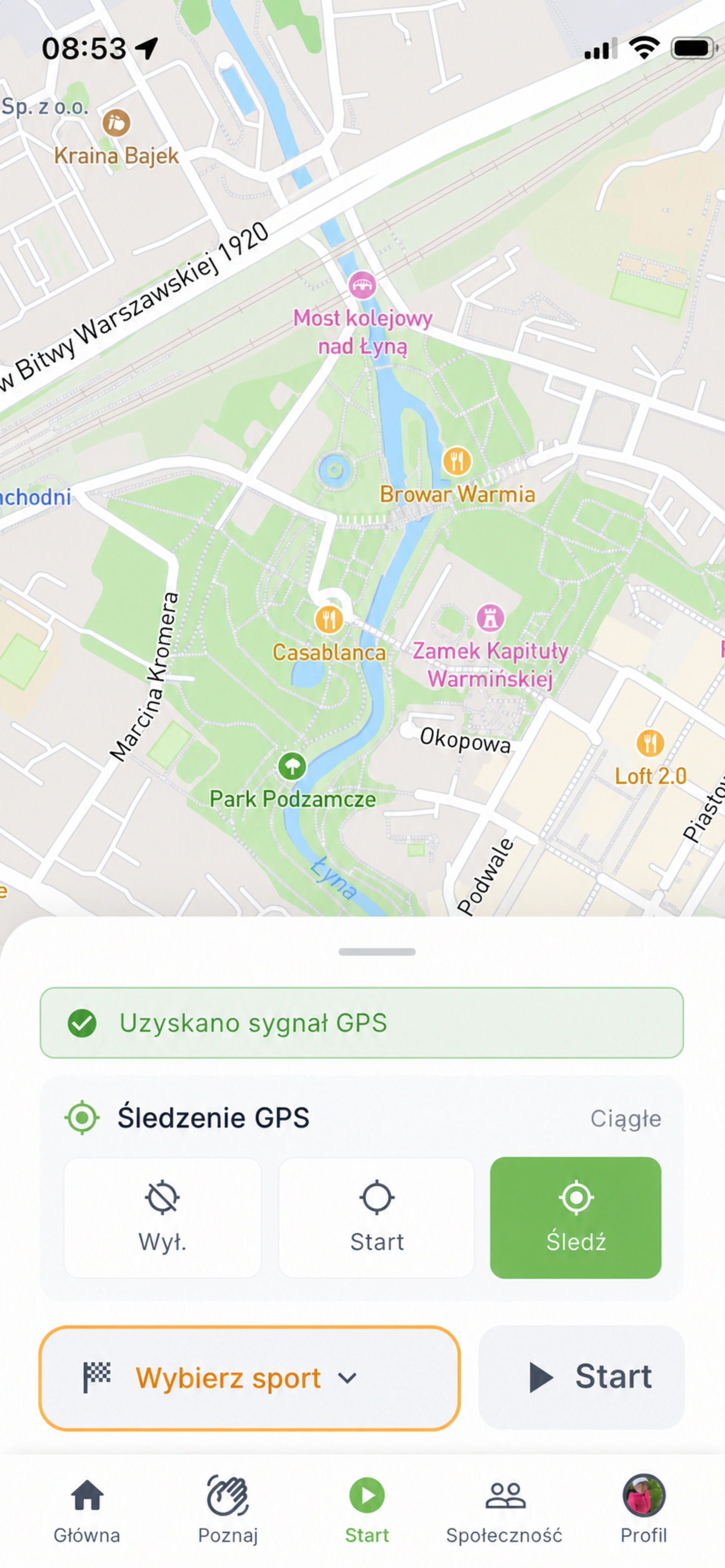 Ekran rozpoczęcia treningu z mapą i sygnałem GPS w COMOVO